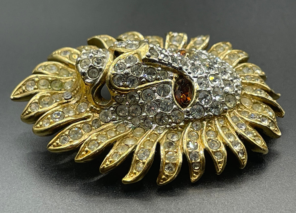 Vintage Attwood and Sawyer (A&S) large clear rhinestone lion brooch - signed, 22ct gold plated, citrine / topaz orange rhinestone eyes