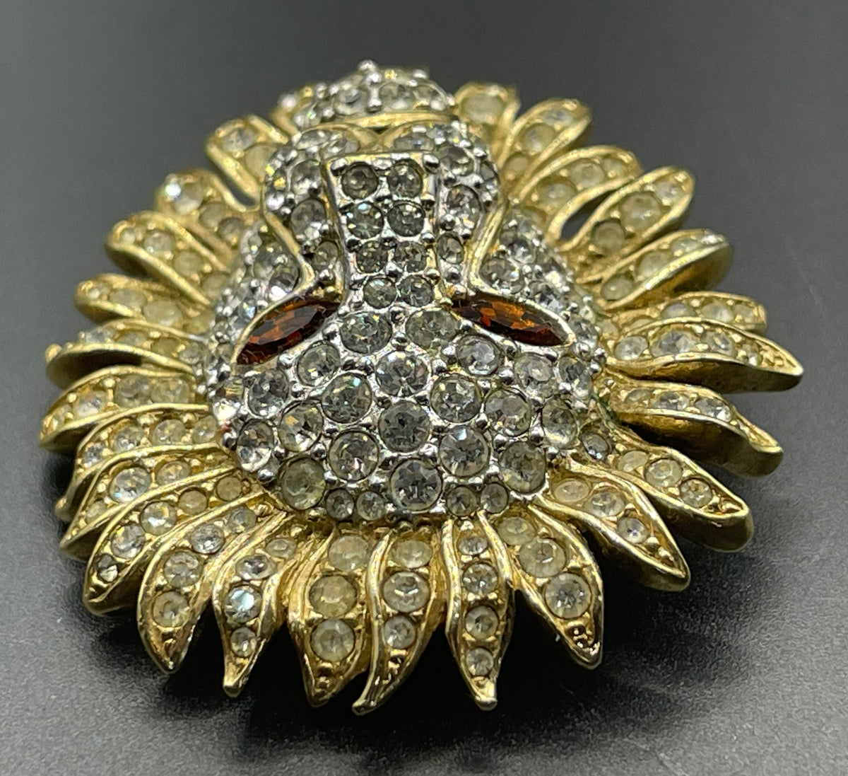 Vintage Attwood and Sawyer (A&S) large clear rhinestone lion brooch - signed, 22ct gold plated, citrine / topaz orange rhinestone eyes