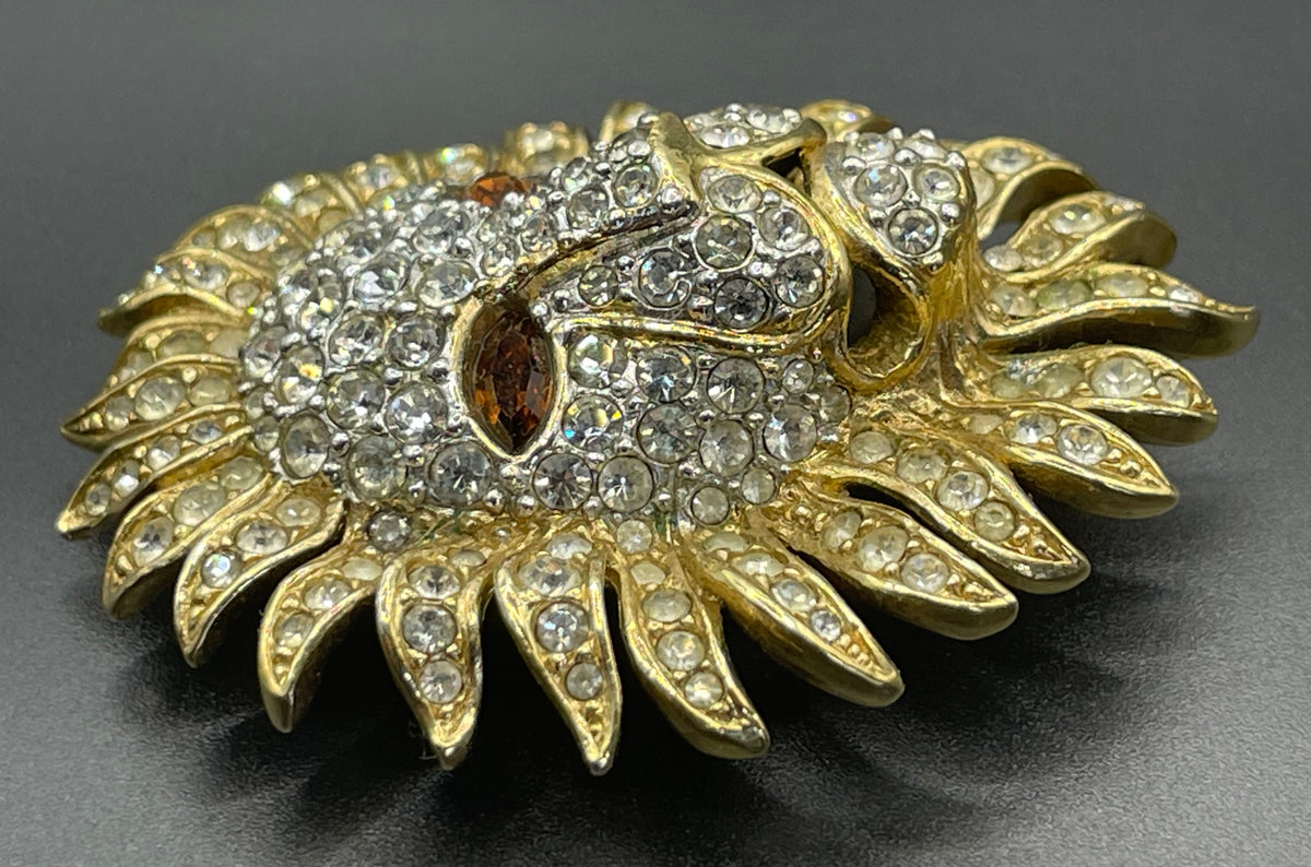 Vintage Attwood and Sawyer (A&S) large clear rhinestone lion brooch - signed, 22ct gold plated, citrine / topaz orange rhinestone eyes