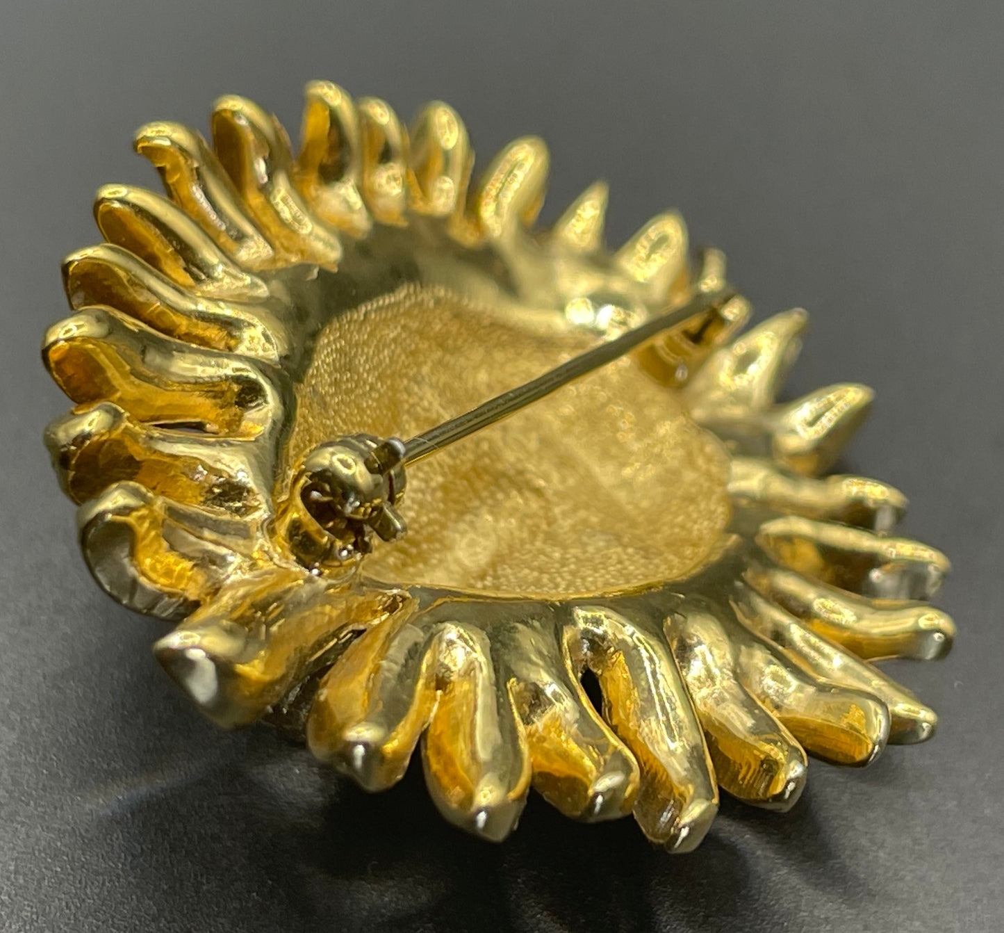 Vintage Attwood and Sawyer (A&S) large clear rhinestone lion brooch - signed, 22ct gold plated, citrine / topaz orange rhinestone eyes