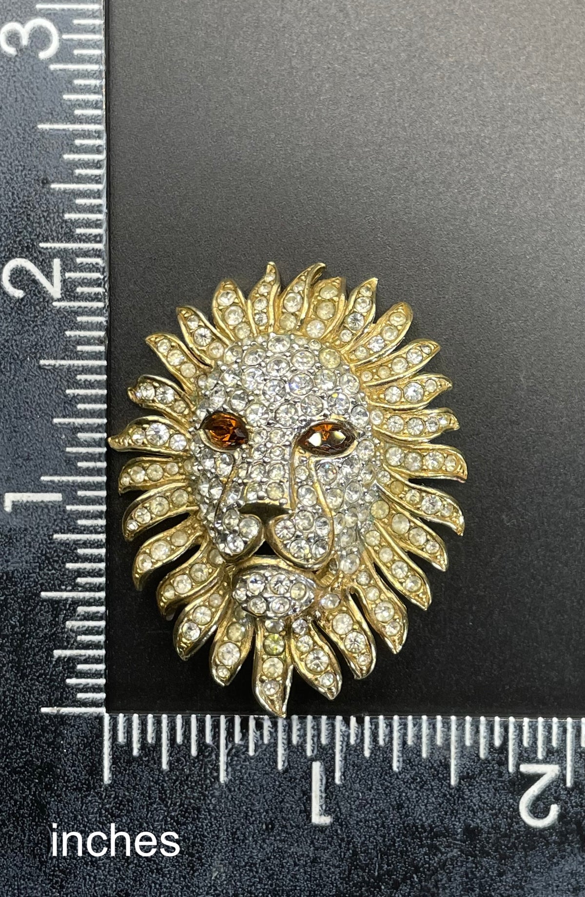 Vintage Attwood and Sawyer (A&S) large clear rhinestone lion brooch - signed, 22ct gold plated, citrine / topaz orange rhinestone eyes