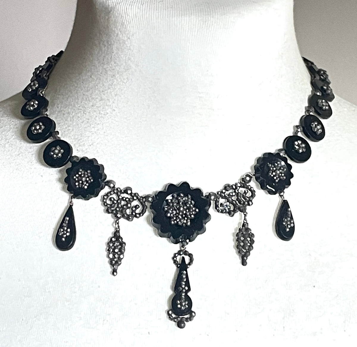 Magnificent antique cut steel and French jet fringe necklace - late Georgian to Victorian black glass stones and faceted cut steel cabochons