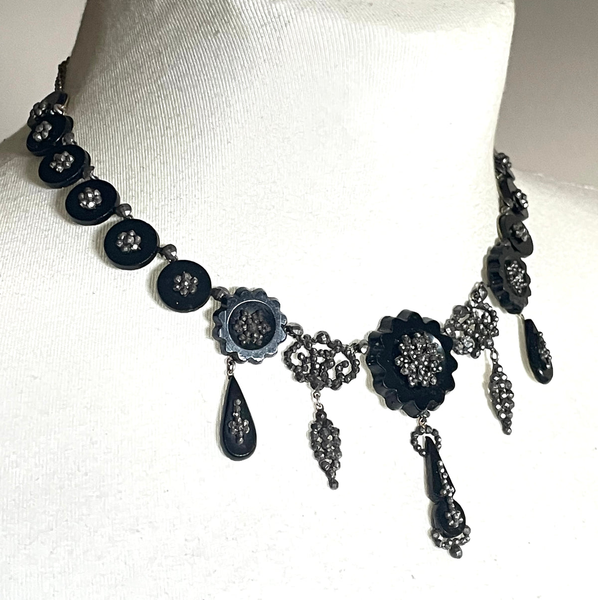 Magnificent antique cut steel and French jet fringe necklace - late Georgian to Victorian black glass stones and faceted cut steel cabochons