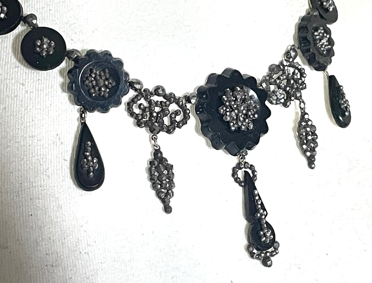 Magnificent antique cut steel and French jet fringe necklace - late Georgian to Victorian black glass stones and faceted cut steel cabochons