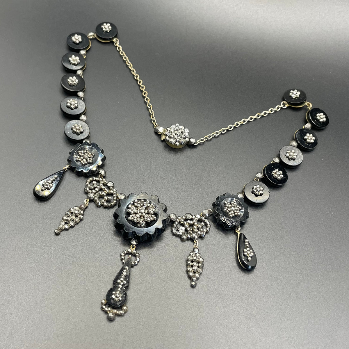 Magnificent antique cut steel and French jet fringe necklace - late Georgian to Victorian black glass stones and faceted cut steel cabochons