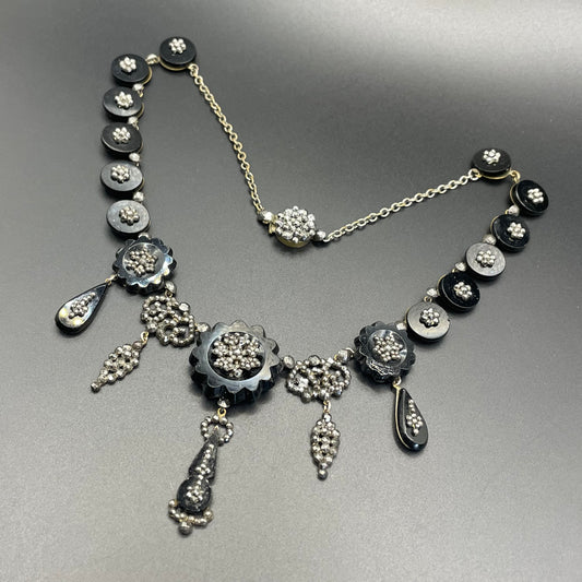 Magnificent antique cut steel and French jet fringe necklace - late Georgian to Victorian black glass stones and faceted cut steel cabochons