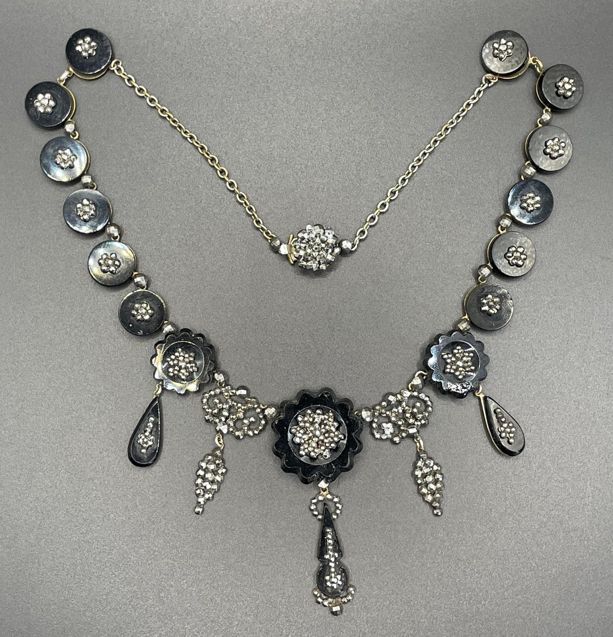 Magnificent antique cut steel and French jet fringe necklace - late Georgian to Victorian black glass stones and faceted cut steel cabochons