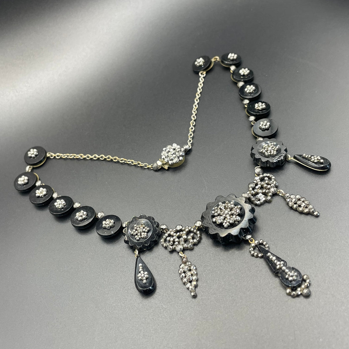 Magnificent antique cut steel and French jet fringe necklace - late Georgian to Victorian black glass stones and faceted cut steel cabochons
