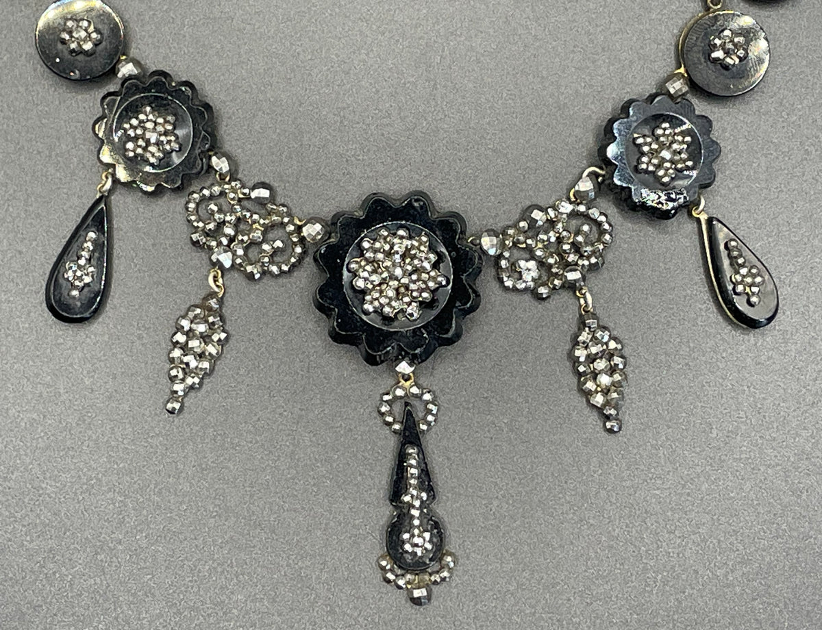 Magnificent antique cut steel and French jet fringe necklace - late Georgian to Victorian black glass stones and faceted cut steel cabochons