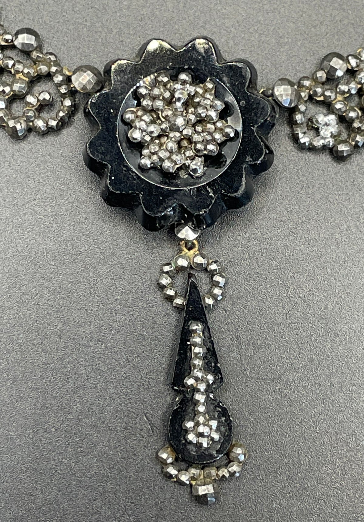 Magnificent antique cut steel and French jet fringe necklace - late Georgian to Victorian black glass stones and faceted cut steel cabochons