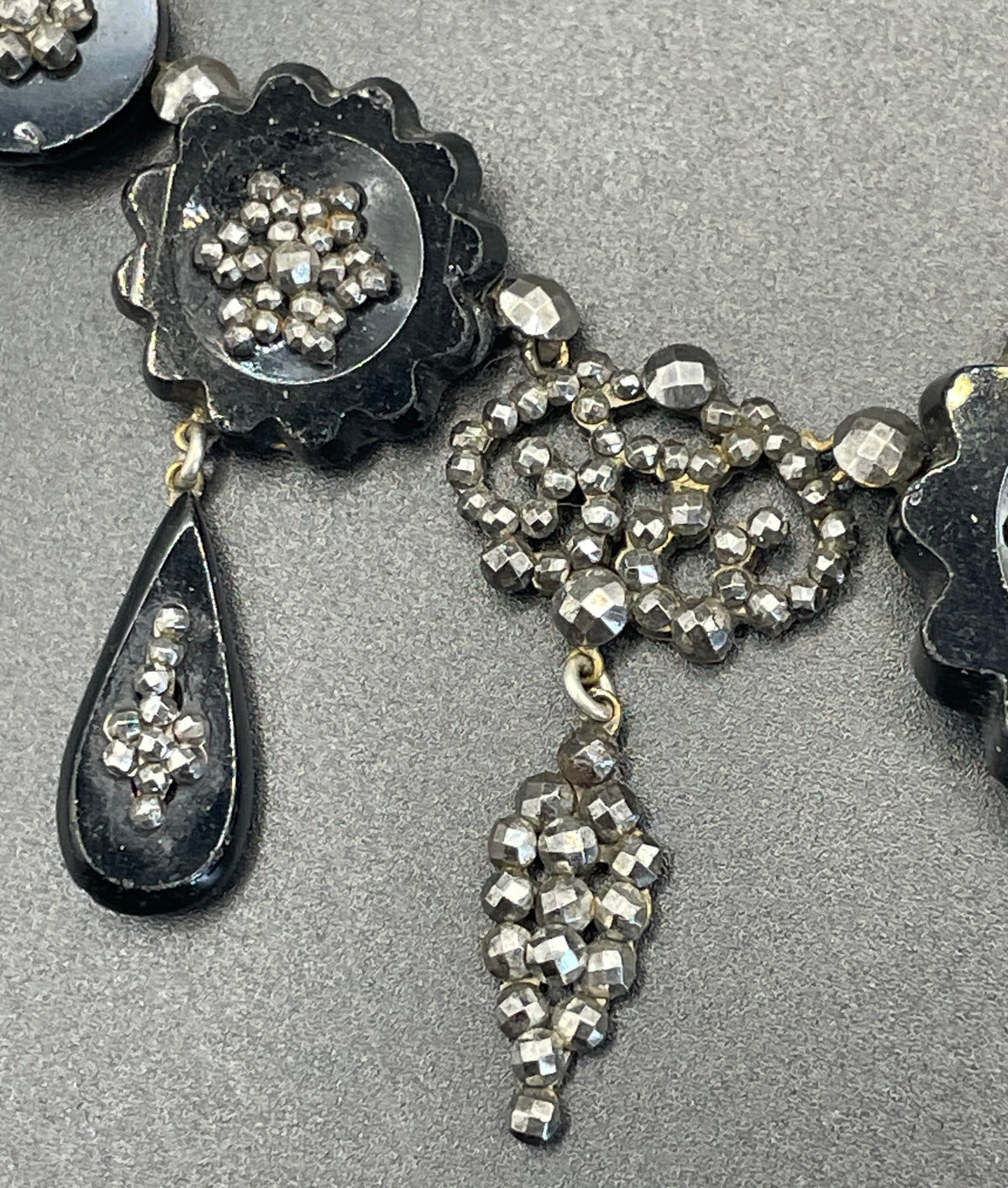 Magnificent antique cut steel and French jet fringe necklace - late Georgian to Victorian black glass stones and faceted cut steel cabochons