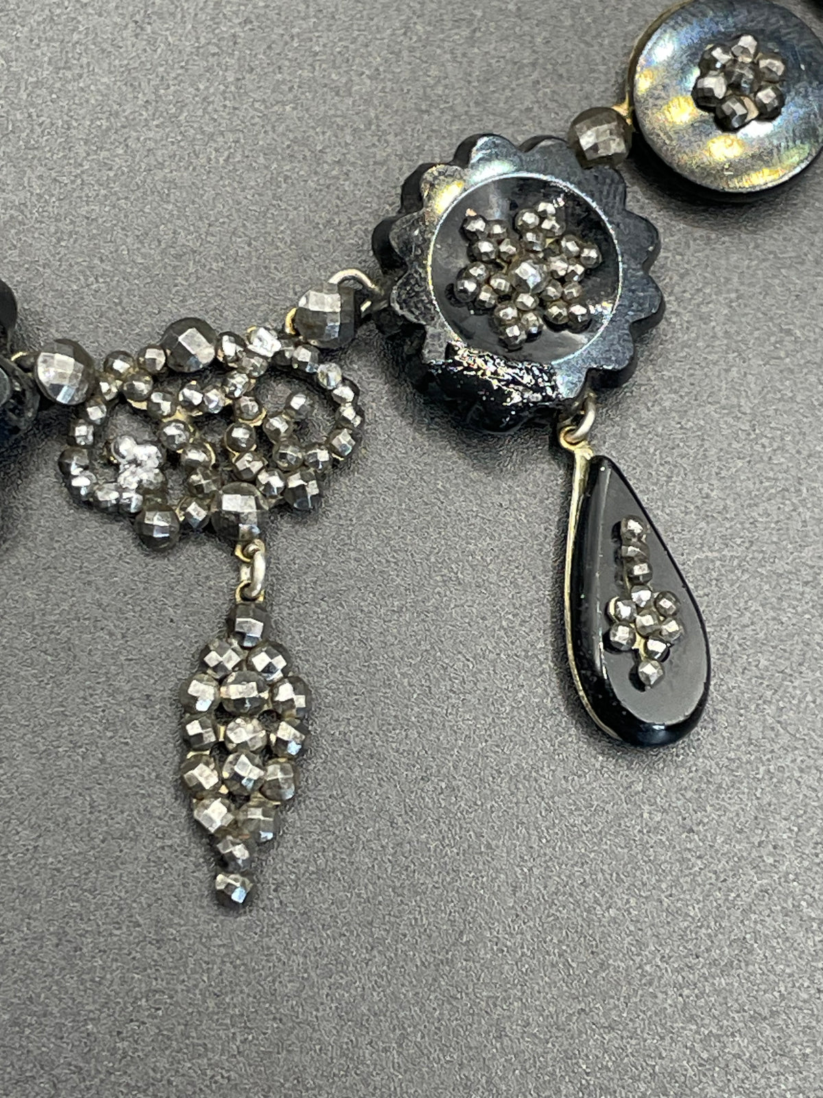 Magnificent antique cut steel and French jet fringe necklace - late Georgian to Victorian black glass stones and faceted cut steel cabochons