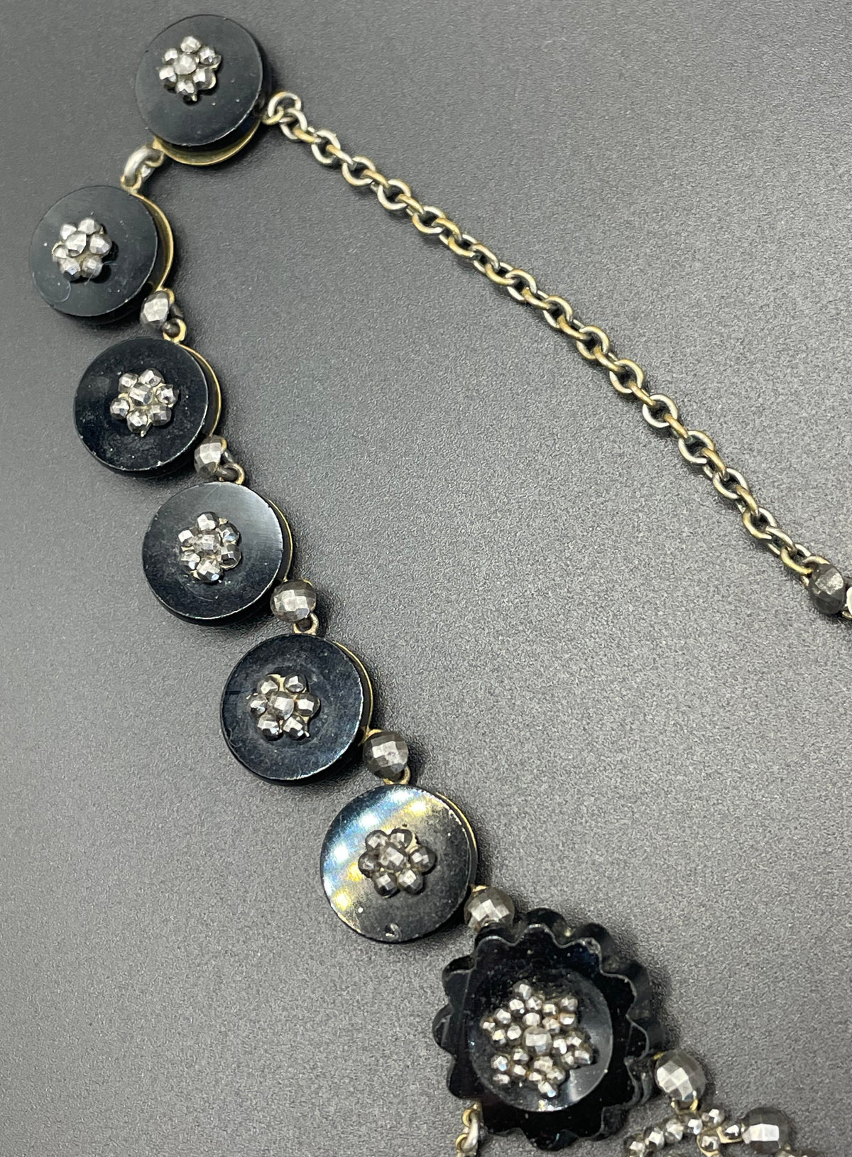 Magnificent antique cut steel and French jet fringe necklace - late Georgian to Victorian black glass stones and faceted cut steel cabochons