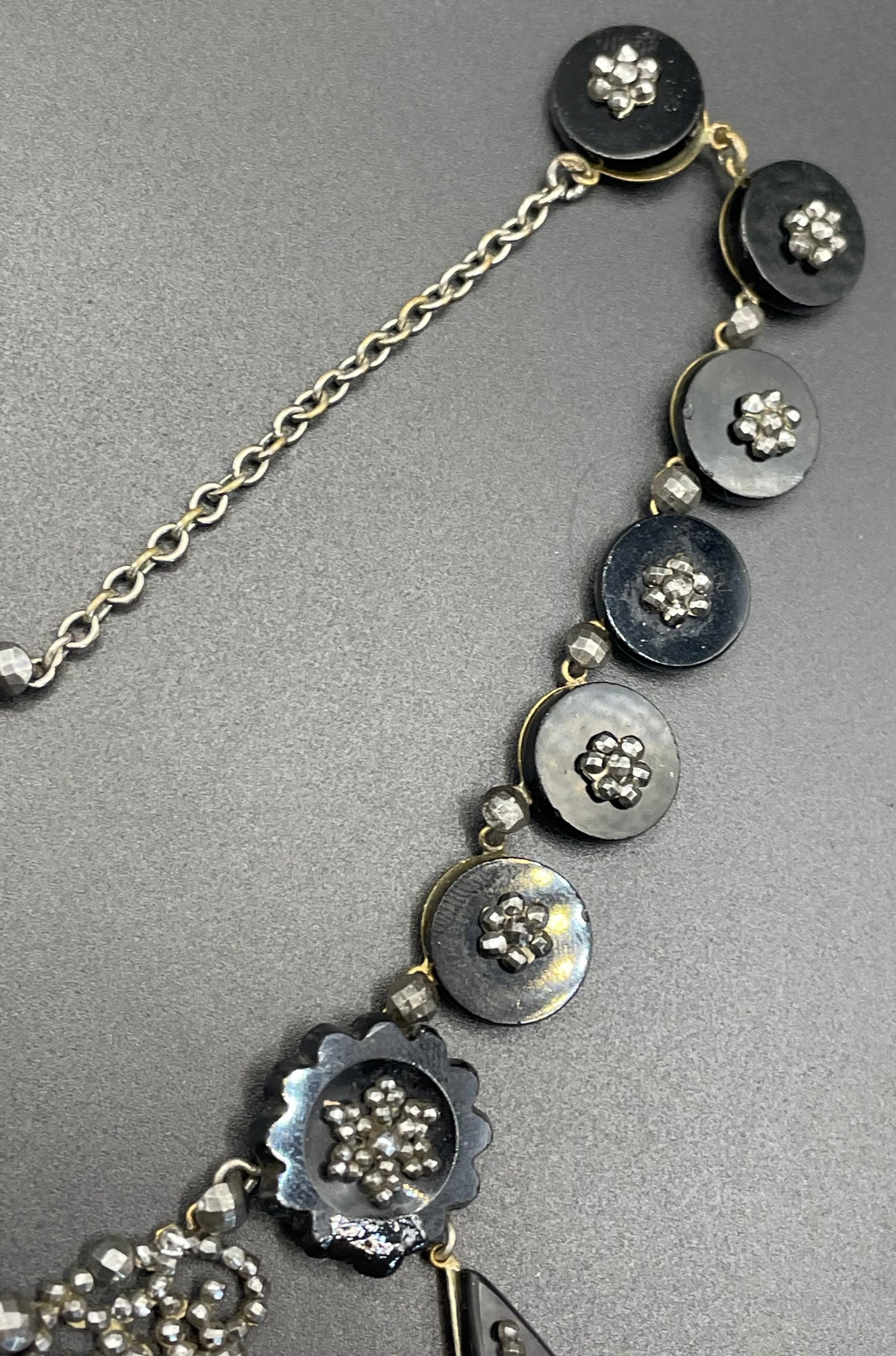 Magnificent antique cut steel and French jet fringe necklace - late Georgian to Victorian black glass stones and faceted cut steel cabochons