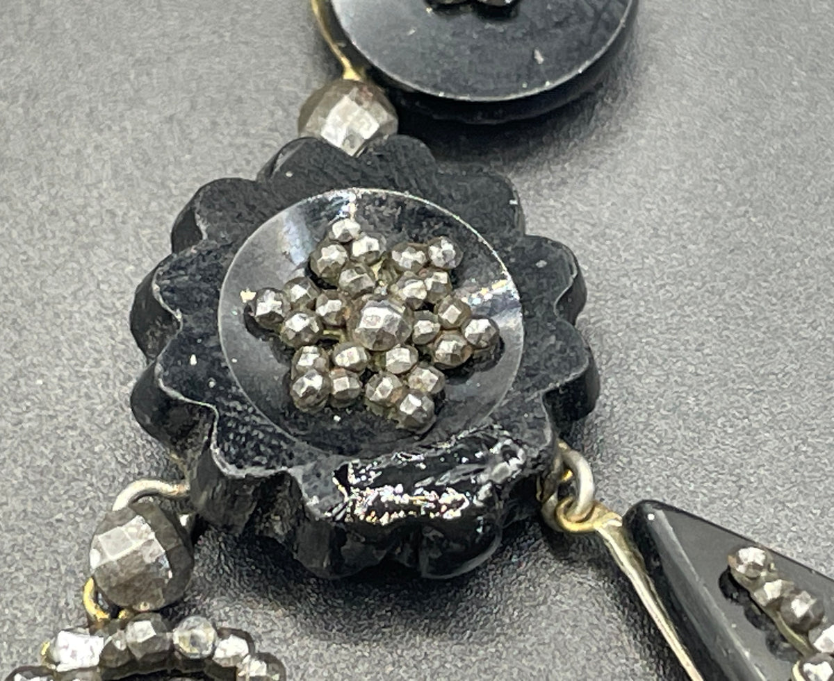 Magnificent antique cut steel and French jet fringe necklace - late Georgian to Victorian black glass stones and faceted cut steel cabochons