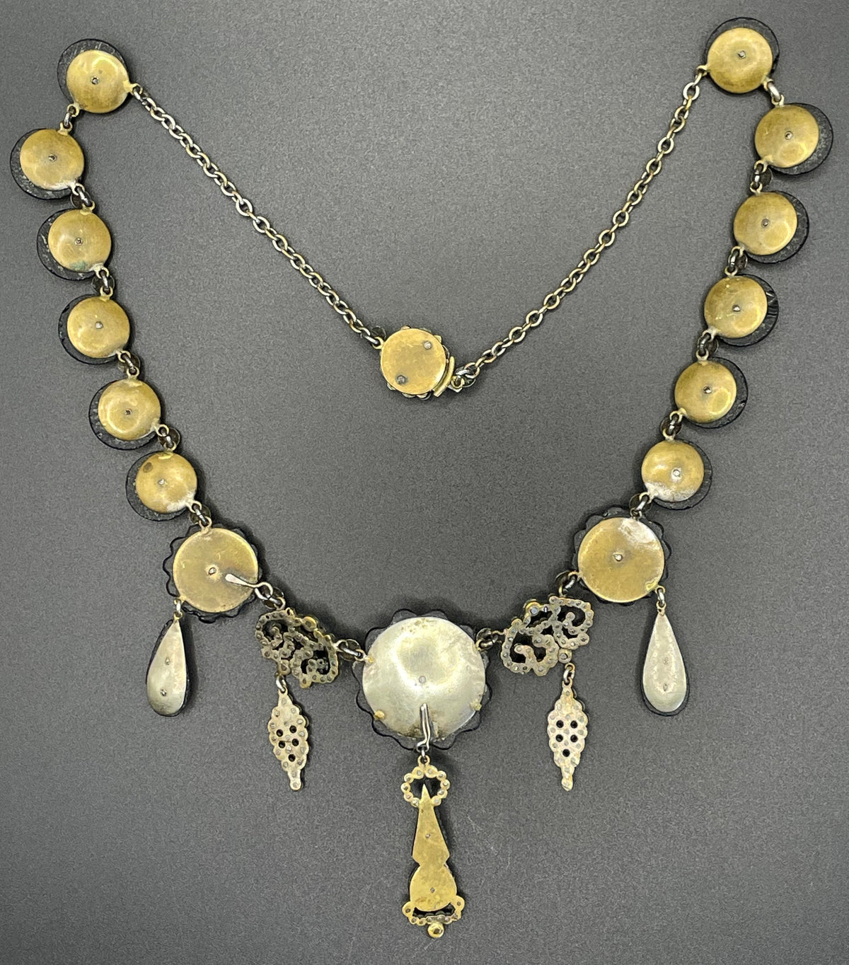 Magnificent antique cut steel and French jet fringe necklace - late Georgian to Victorian black glass stones and faceted cut steel cabochons