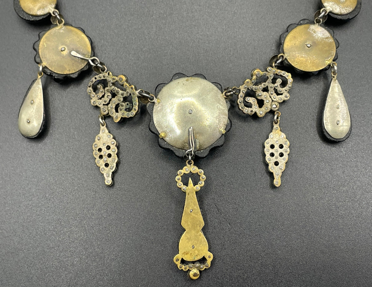 Magnificent antique cut steel and French jet fringe necklace - late Georgian to Victorian black glass stones and faceted cut steel cabochons