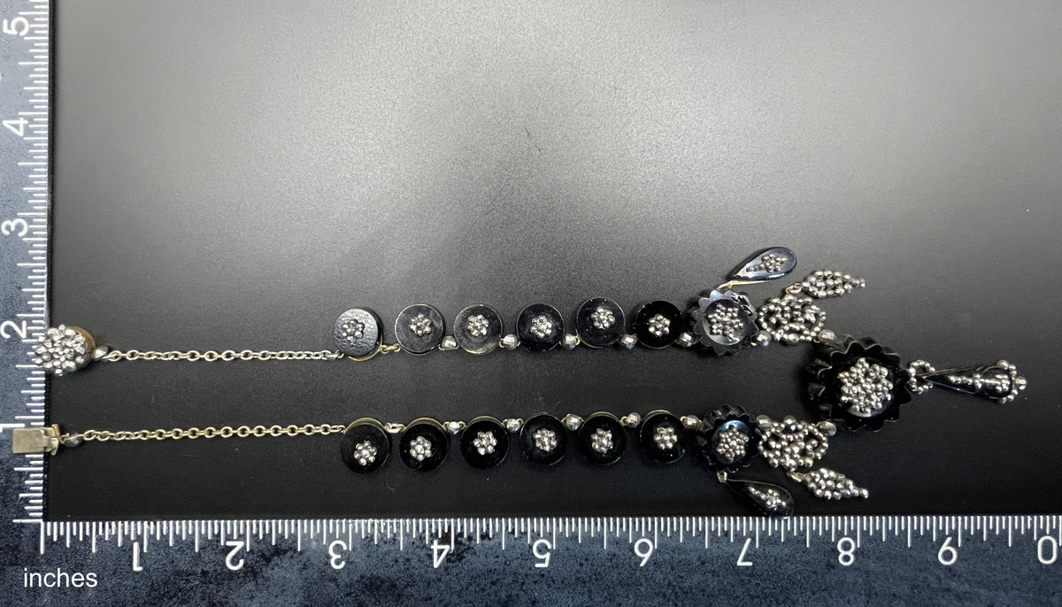 Magnificent antique cut steel and French jet fringe necklace - late Georgian to Victorian black glass stones and faceted cut steel cabochons