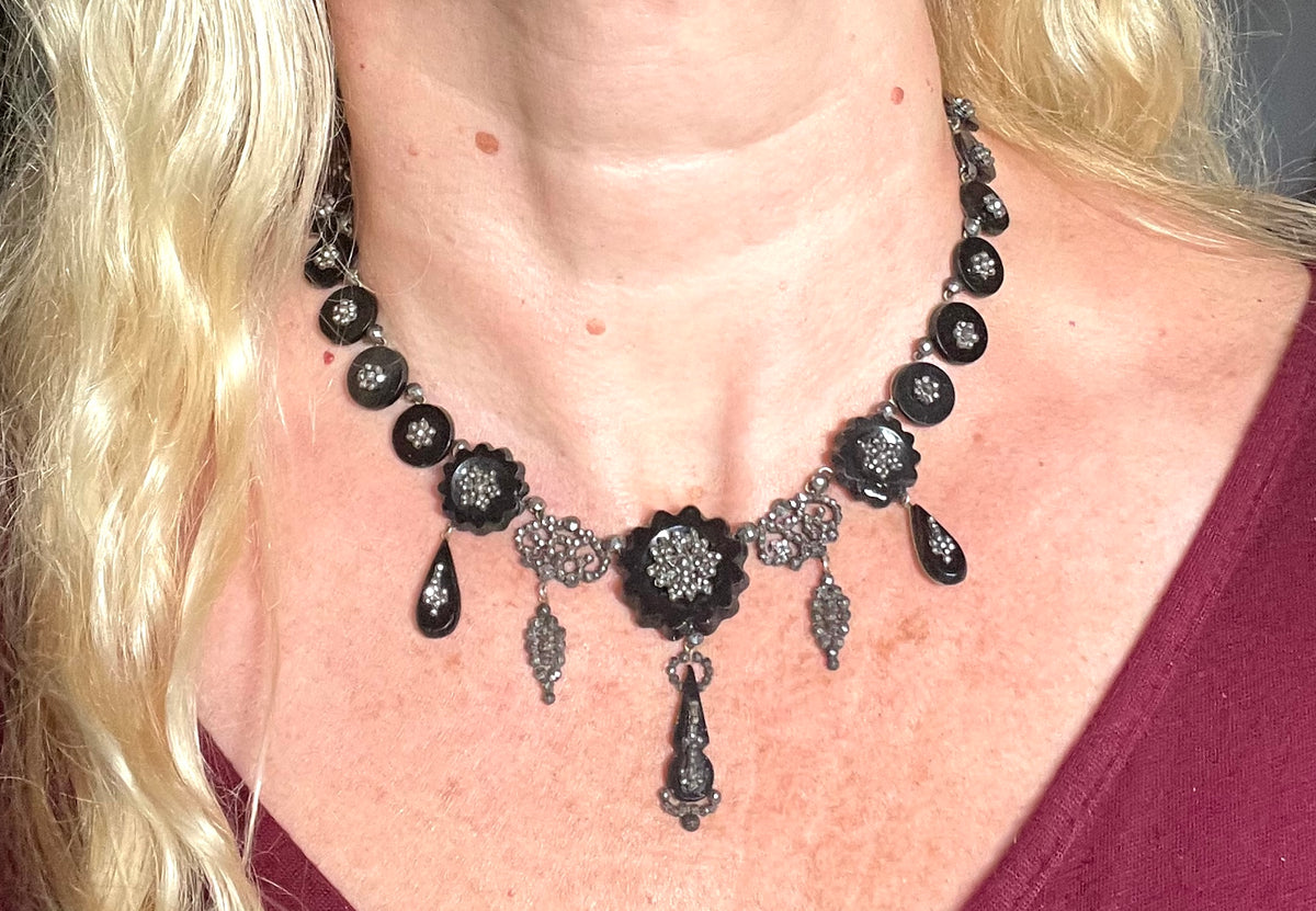 Magnificent antique cut steel and French jet fringe necklace - late Georgian to Victorian black glass stones and faceted cut steel cabochons