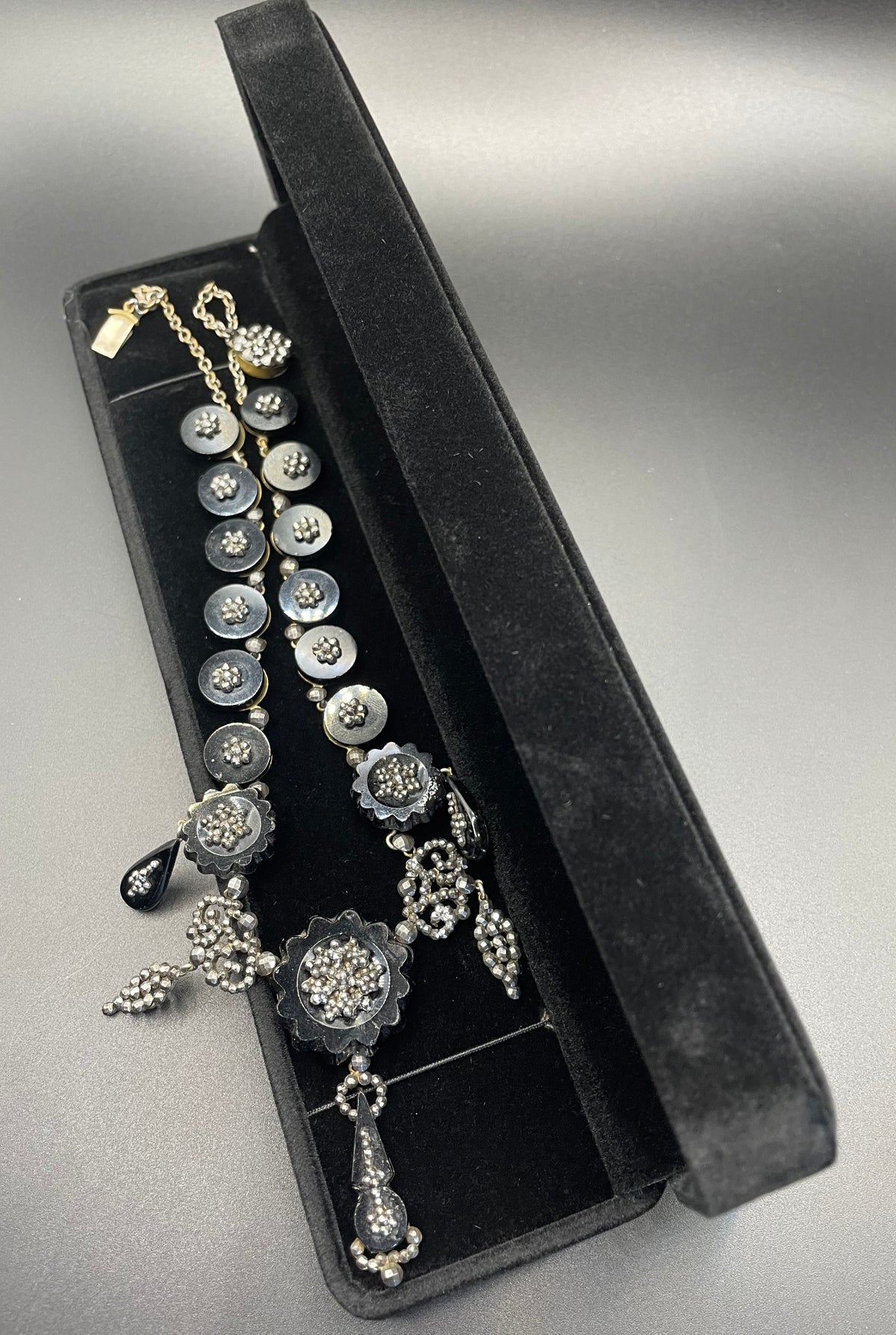 Magnificent antique cut steel and French jet fringe necklace - late Georgian to Victorian black glass stones and faceted cut steel cabochons