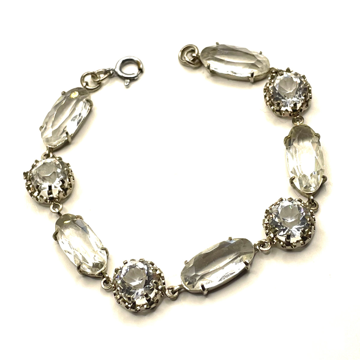 Vintage bracelet, Art Deco open backed crystal rhinestone geometric silver tone cocktail bracelet