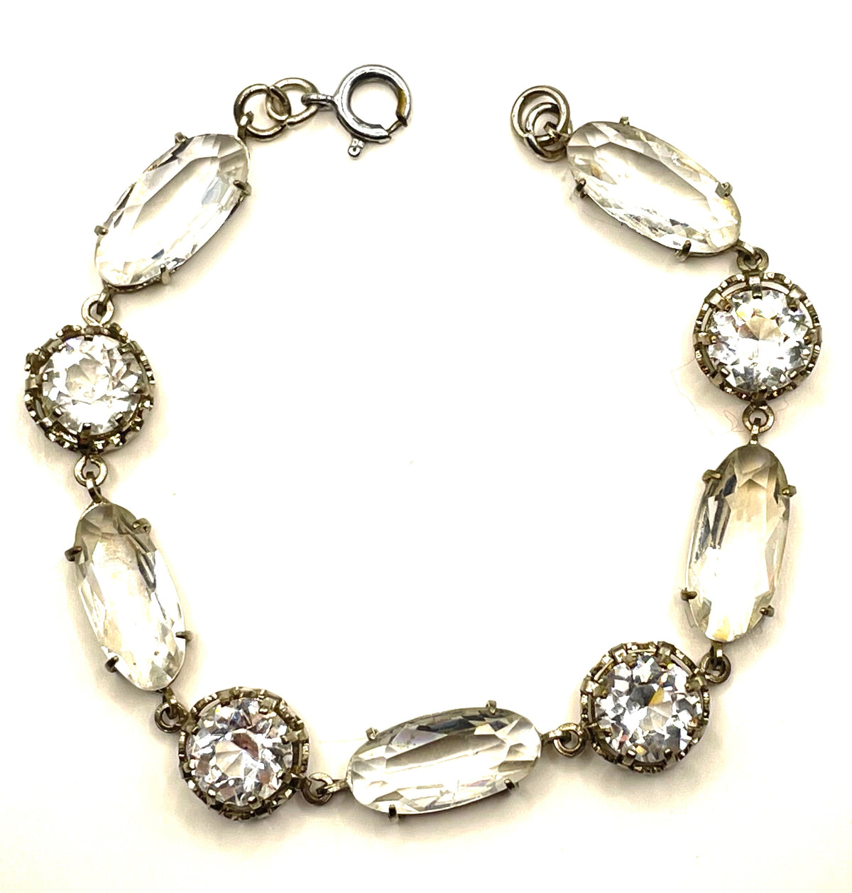 Vintage bracelet, Art Deco open backed crystal rhinestone geometric silver tone cocktail bracelet