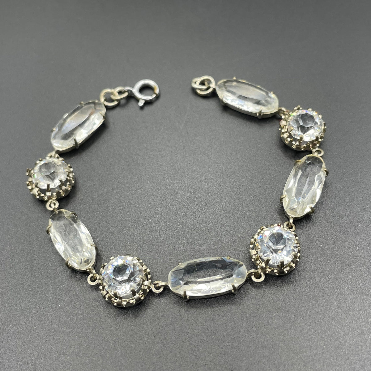 Vintage bracelet, Art Deco open backed crystal rhinestone geometric silver tone cocktail bracelet