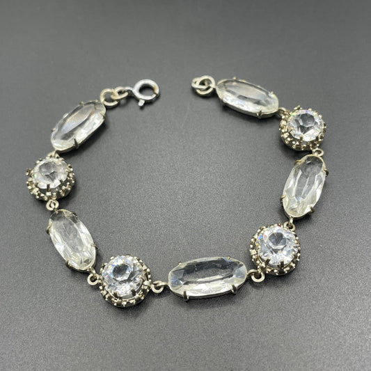 Vintage bracelet, Art Deco open backed crystal rhinestone geometric silver tone cocktail bracelet
