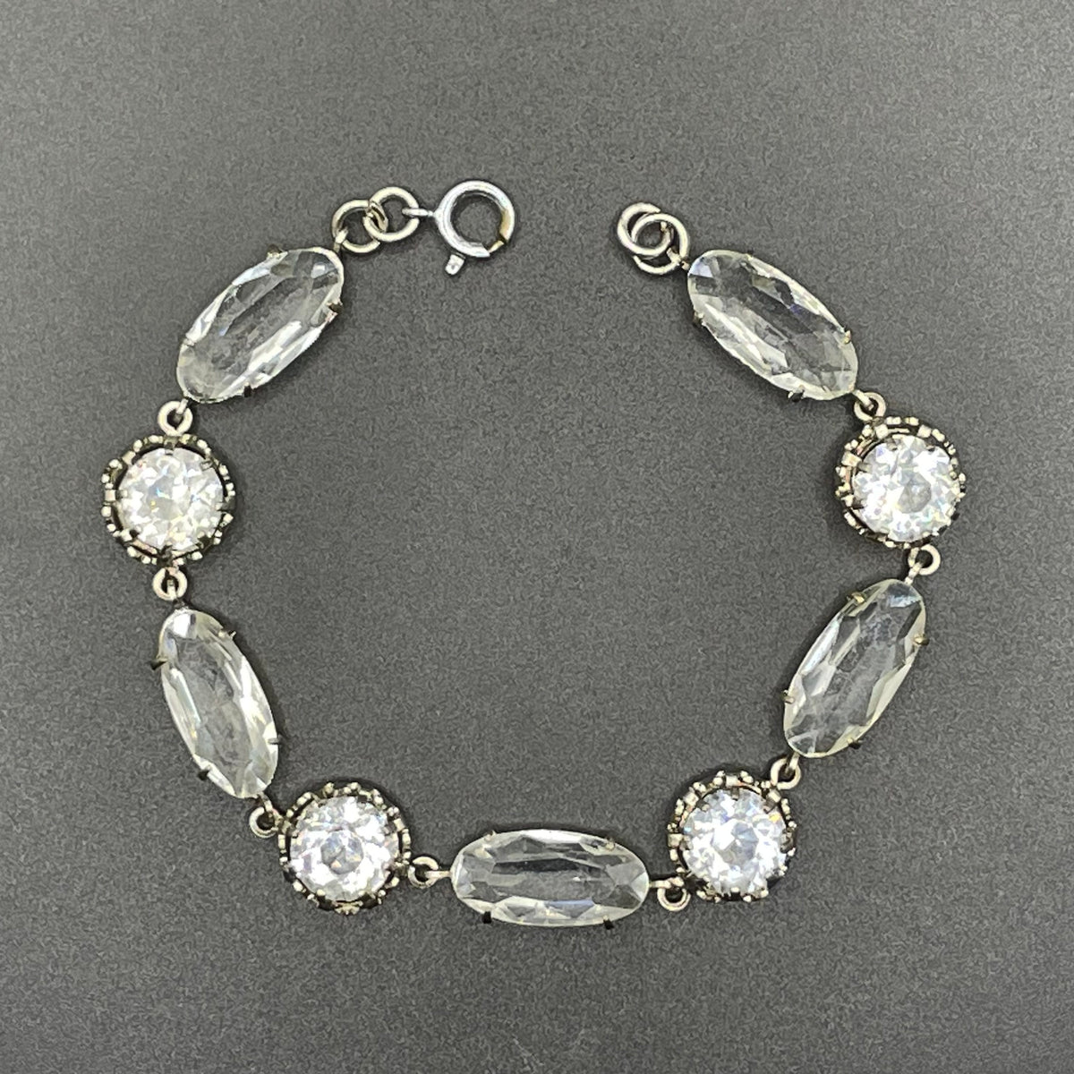 Vintage bracelet, Art Deco open backed crystal rhinestone geometric silver tone cocktail bracelet