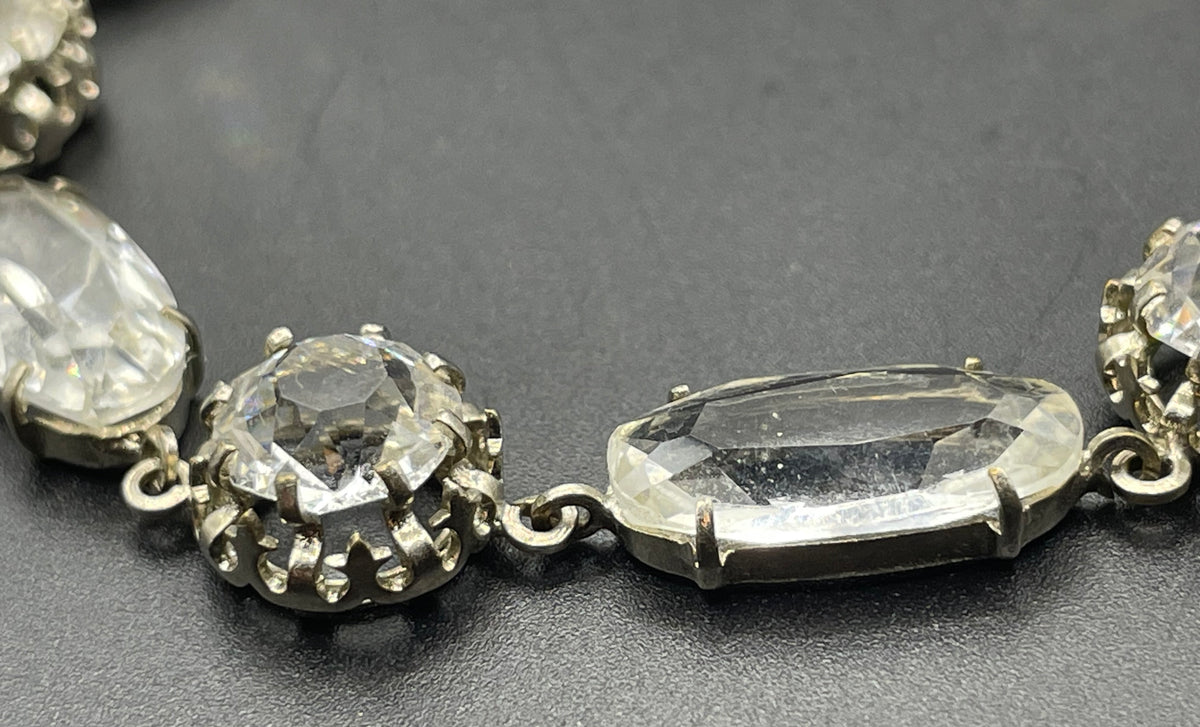 Vintage bracelet, Art Deco open backed crystal rhinestone geometric silver tone cocktail bracelet