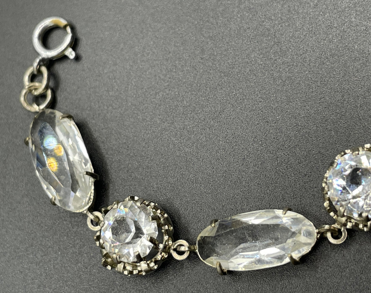 Vintage bracelet, Art Deco open backed crystal rhinestone geometric silver tone cocktail bracelet