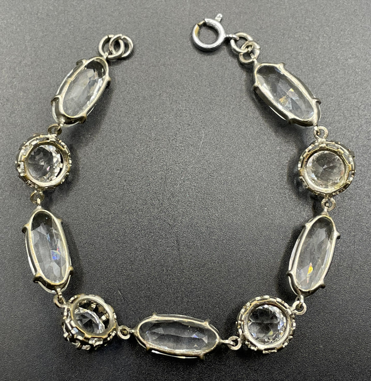 Vintage bracelet, Art Deco open backed crystal rhinestone geometric silver tone cocktail bracelet
