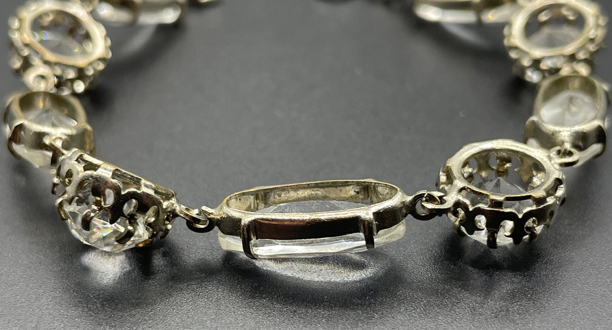 Vintage bracelet, Art Deco open backed crystal rhinestone geometric silver tone cocktail bracelet