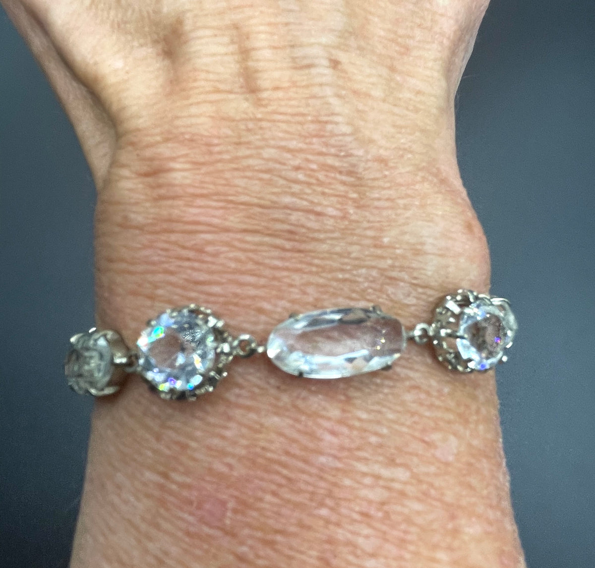 Vintage bracelet, Art Deco open backed crystal rhinestone geometric silver tone cocktail bracelet