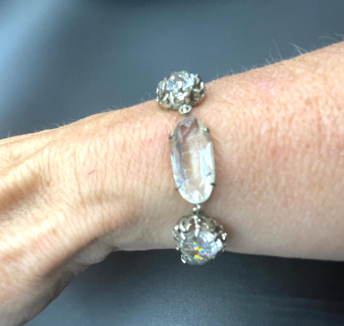 Vintage bracelet, Art Deco open backed crystal rhinestone geometric silver tone cocktail bracelet