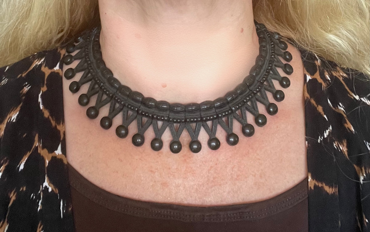 Antique Victorian moulded Vulcanite ornate panel collar necklace, unusual piece in lovely condition
