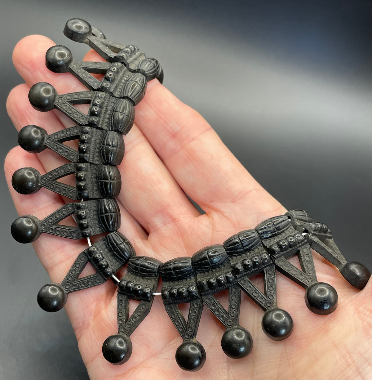 Antique Victorian moulded Vulcanite ornate panel collar necklace, unusual piece in lovely condition