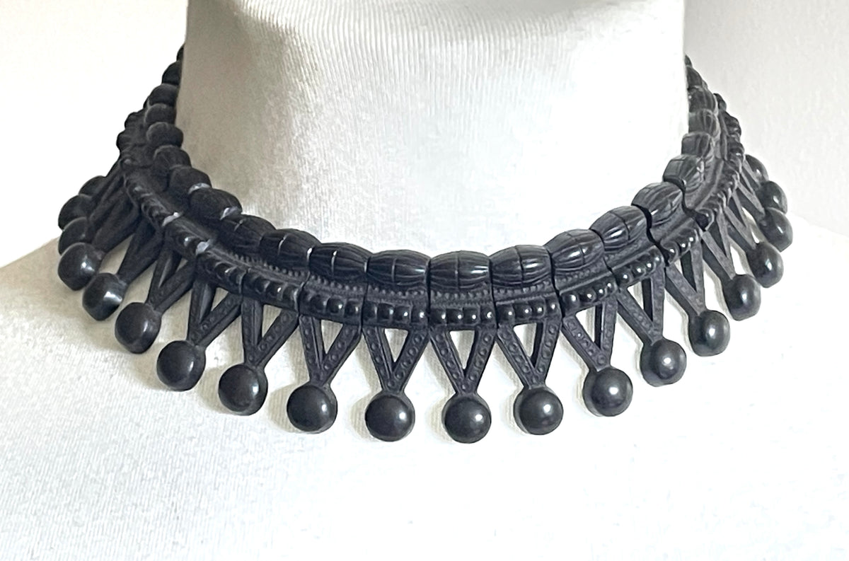 Antique Victorian moulded Vulcanite ornate panel collar necklace, unusual piece in lovely condition