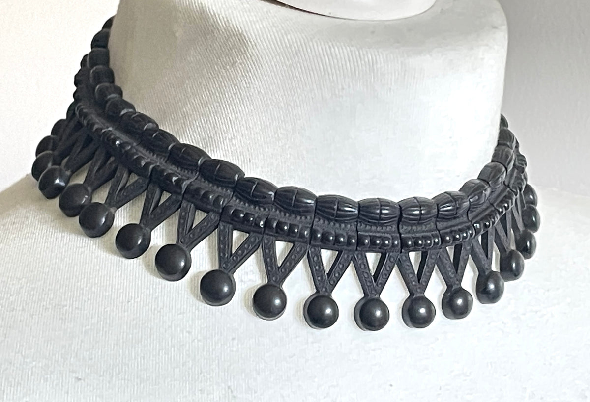 Antique Victorian moulded Vulcanite ornate panel collar necklace, unusual piece in lovely condition
