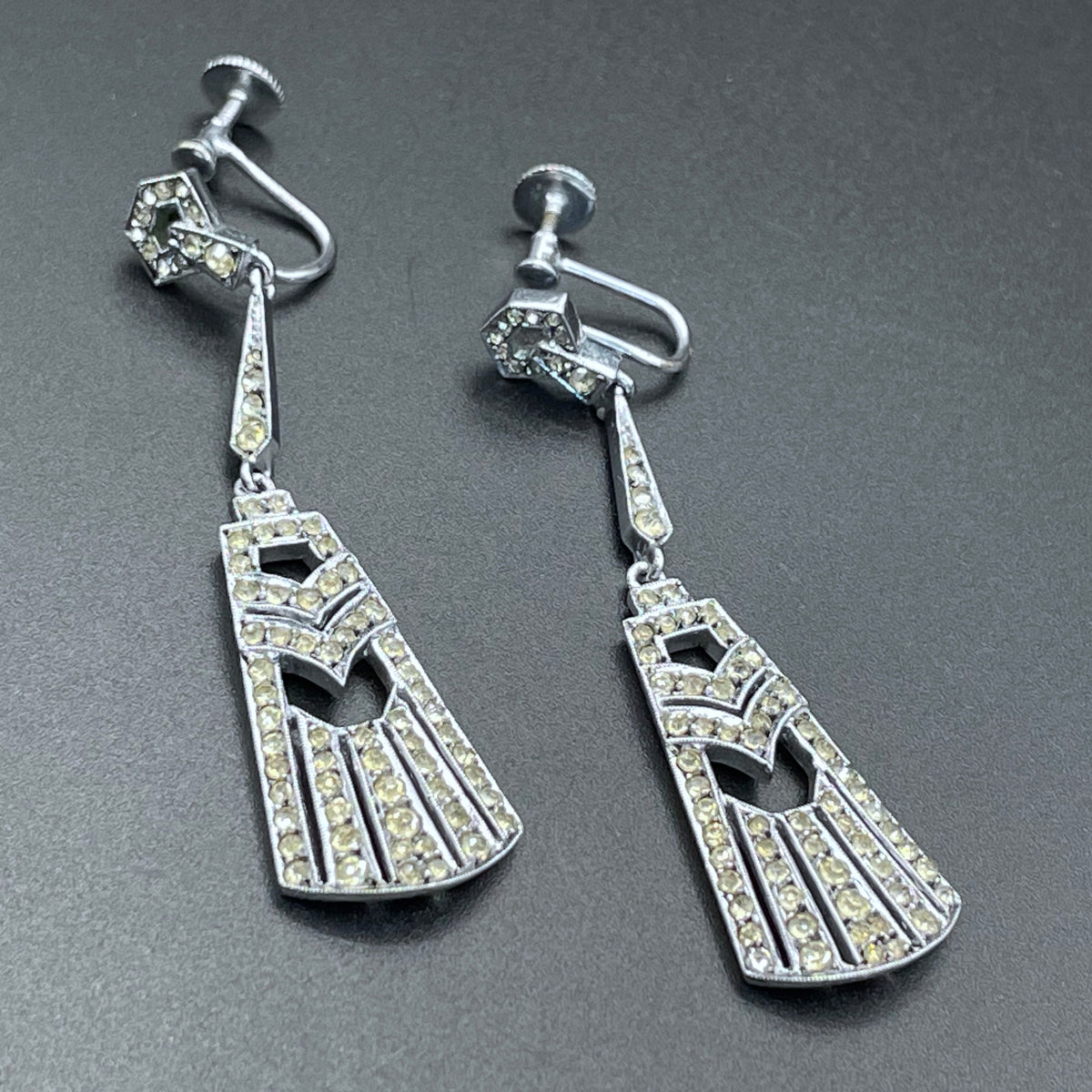 Vintage Art Deco ice clear rhinestone and silver tone dangle statement earrings with screw backs