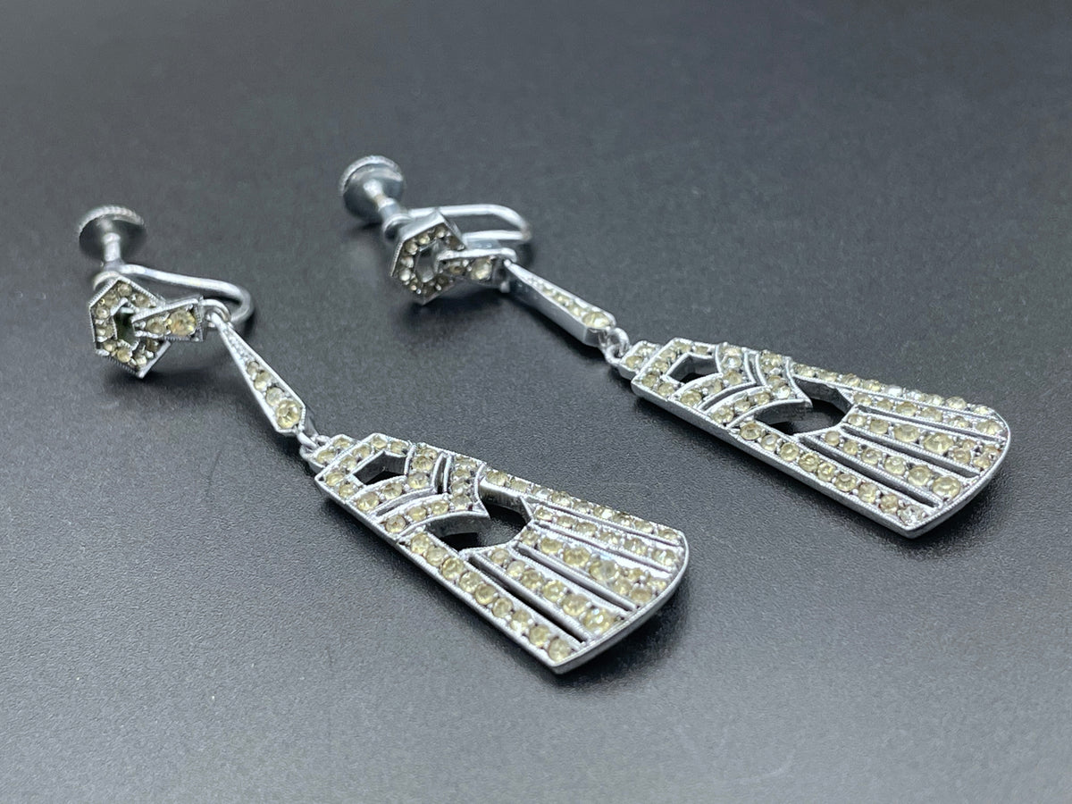 Vintage Art Deco ice clear rhinestone and silver tone dangle statement earrings with screw backs