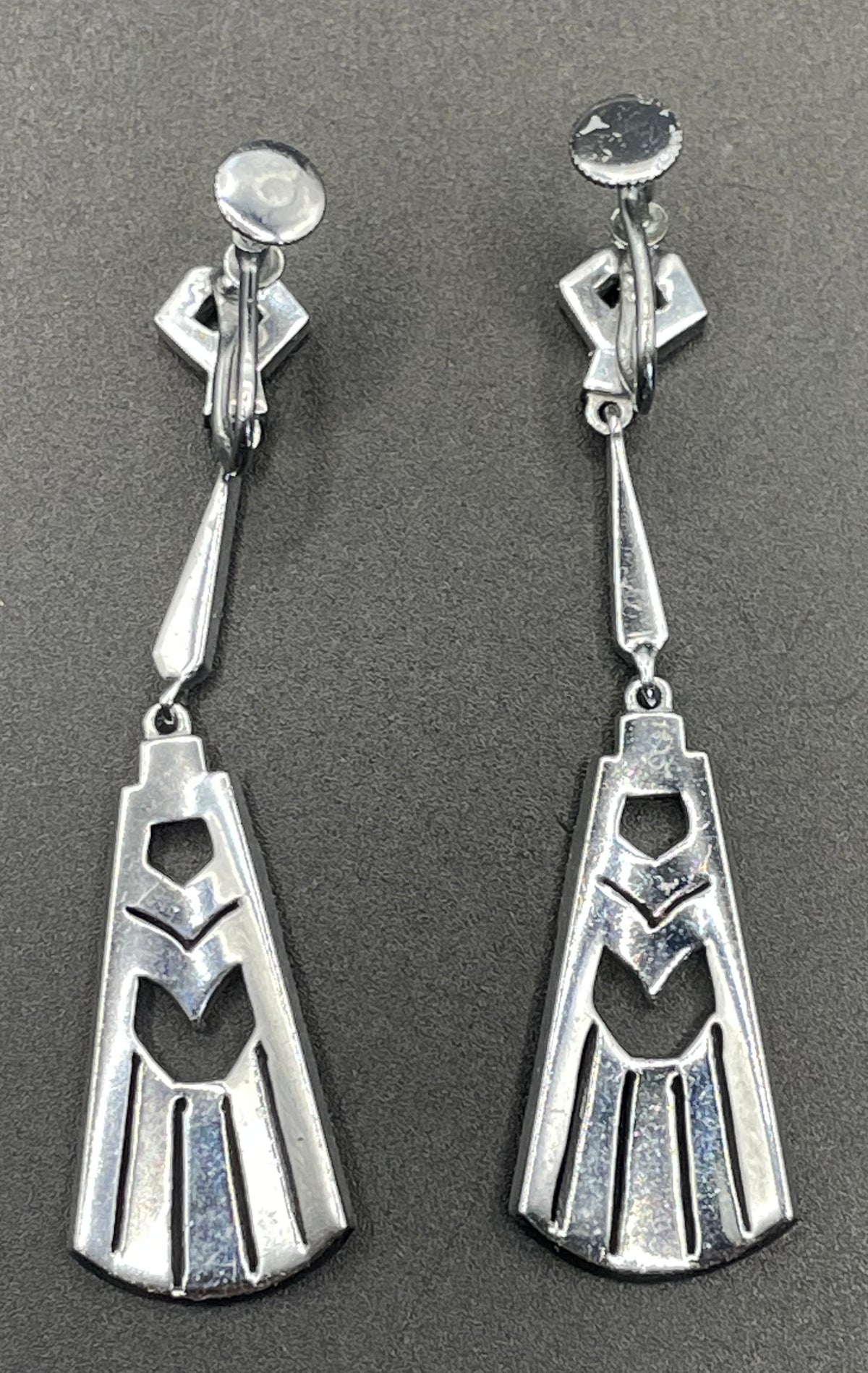 Vintage Art Deco ice clear rhinestone and silver tone dangle statement earrings with screw backs