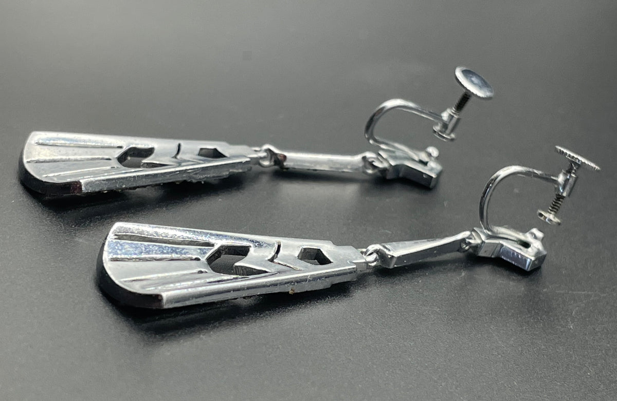 Vintage Art Deco ice clear rhinestone and silver tone dangle statement earrings with screw backs