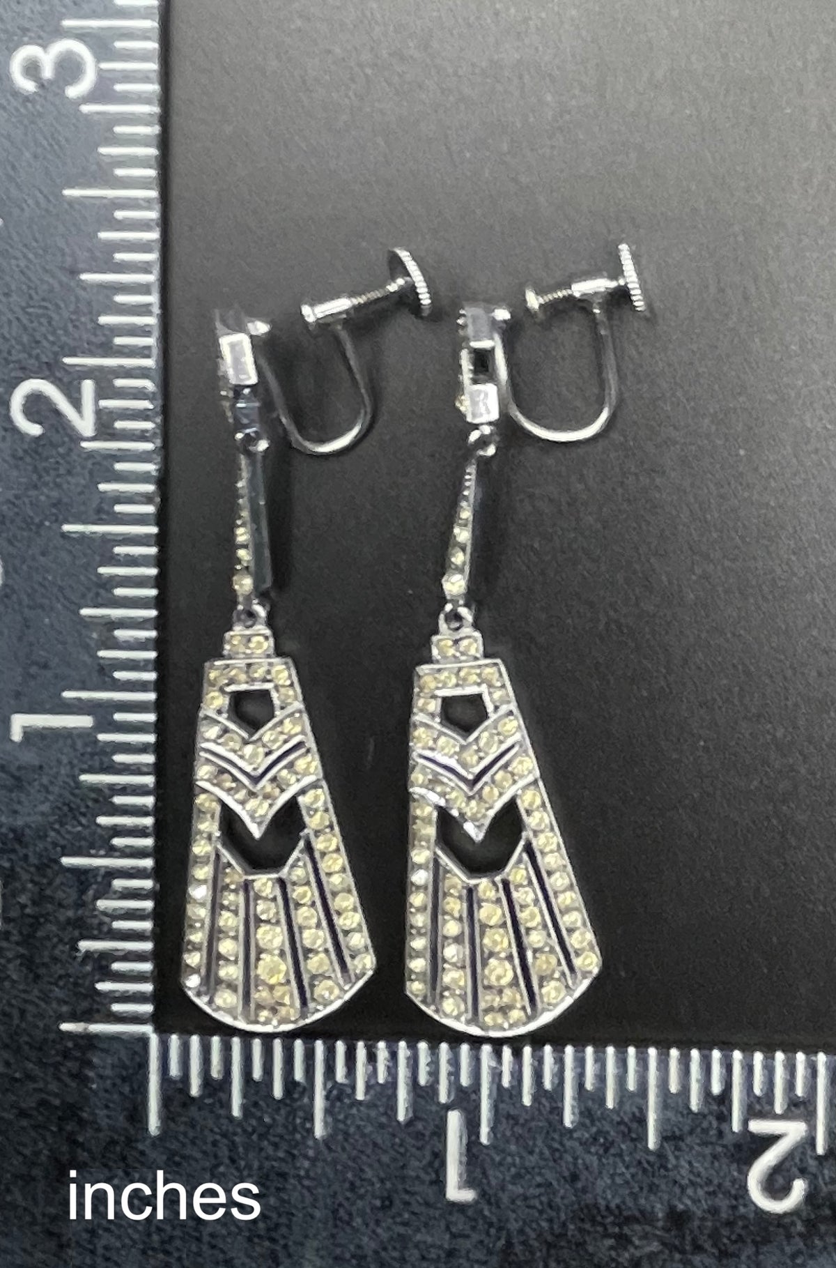 Vintage Art Deco ice clear rhinestone and silver tone dangle statement earrings with screw backs