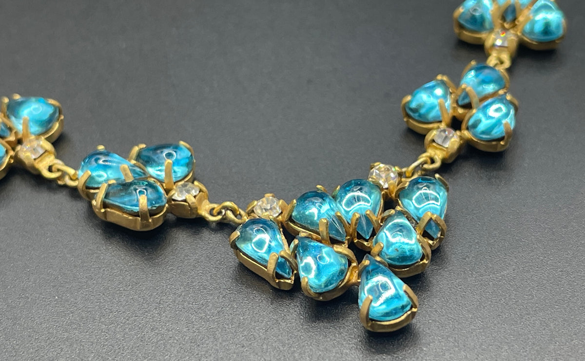 Vintage aqua blue glass cabochon, clear rhinestone and gold tone Y-shaped necklace, beautiful piece