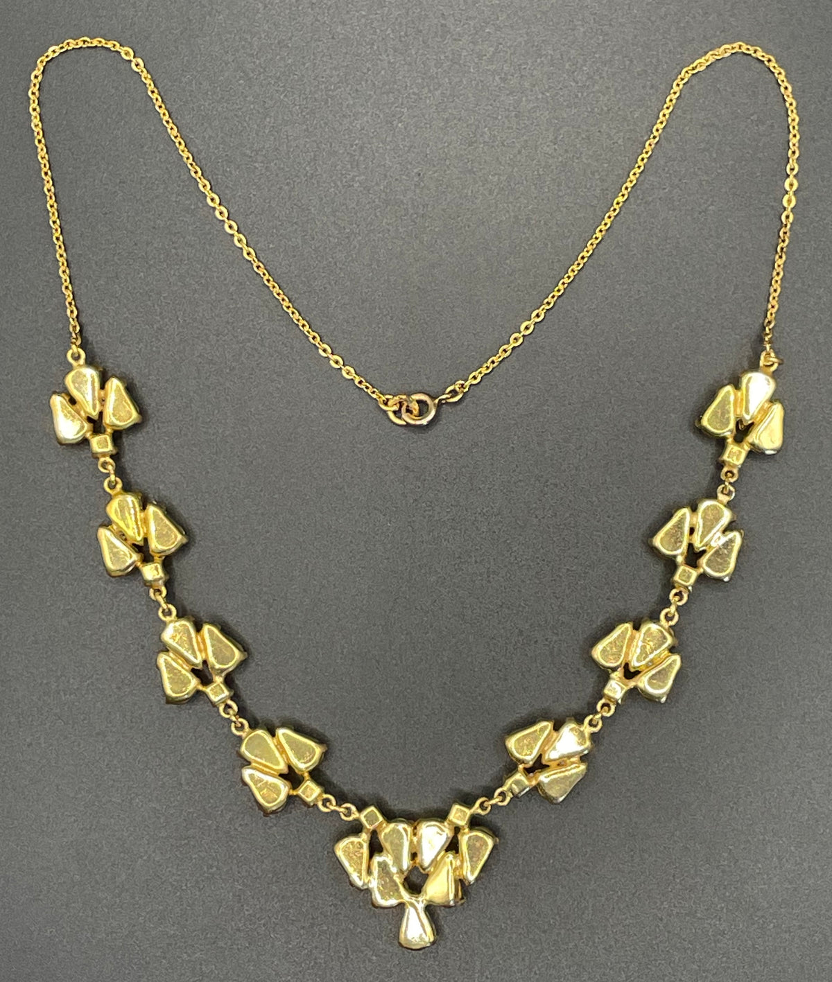 Vintage aqua blue glass cabochon, clear rhinestone and gold tone Y-shaped necklace, beautiful piece