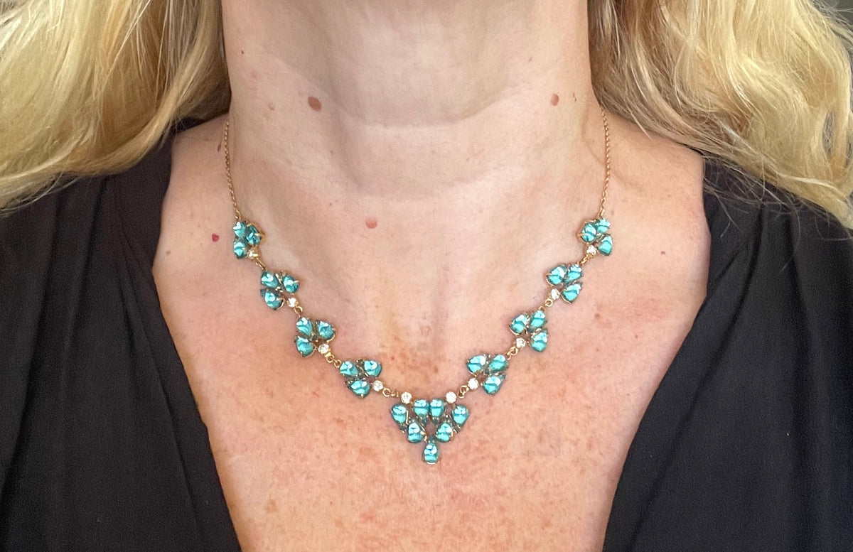 Vintage aqua blue glass cabochon, clear rhinestone and gold tone Y-shaped necklace, beautiful piece