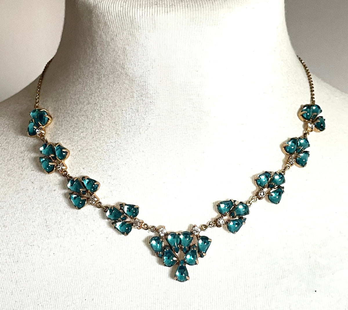 Vintage aqua blue glass cabochon, clear rhinestone and gold tone Y-shaped necklace, beautiful piece