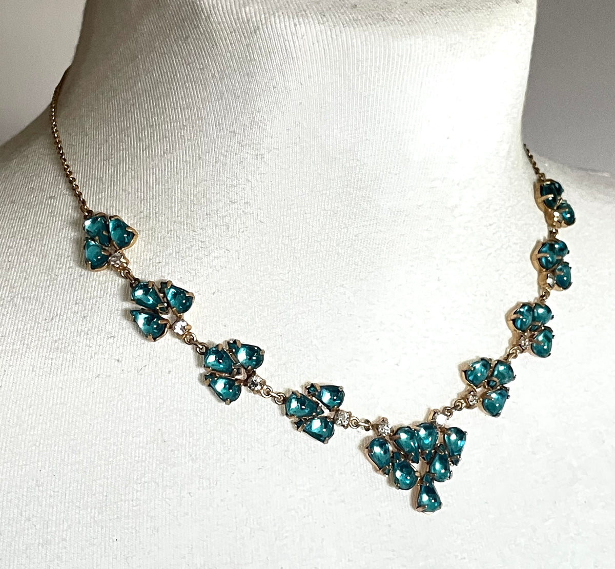 Vintage aqua blue glass cabochon, clear rhinestone and gold tone Y-shaped necklace, beautiful piece
