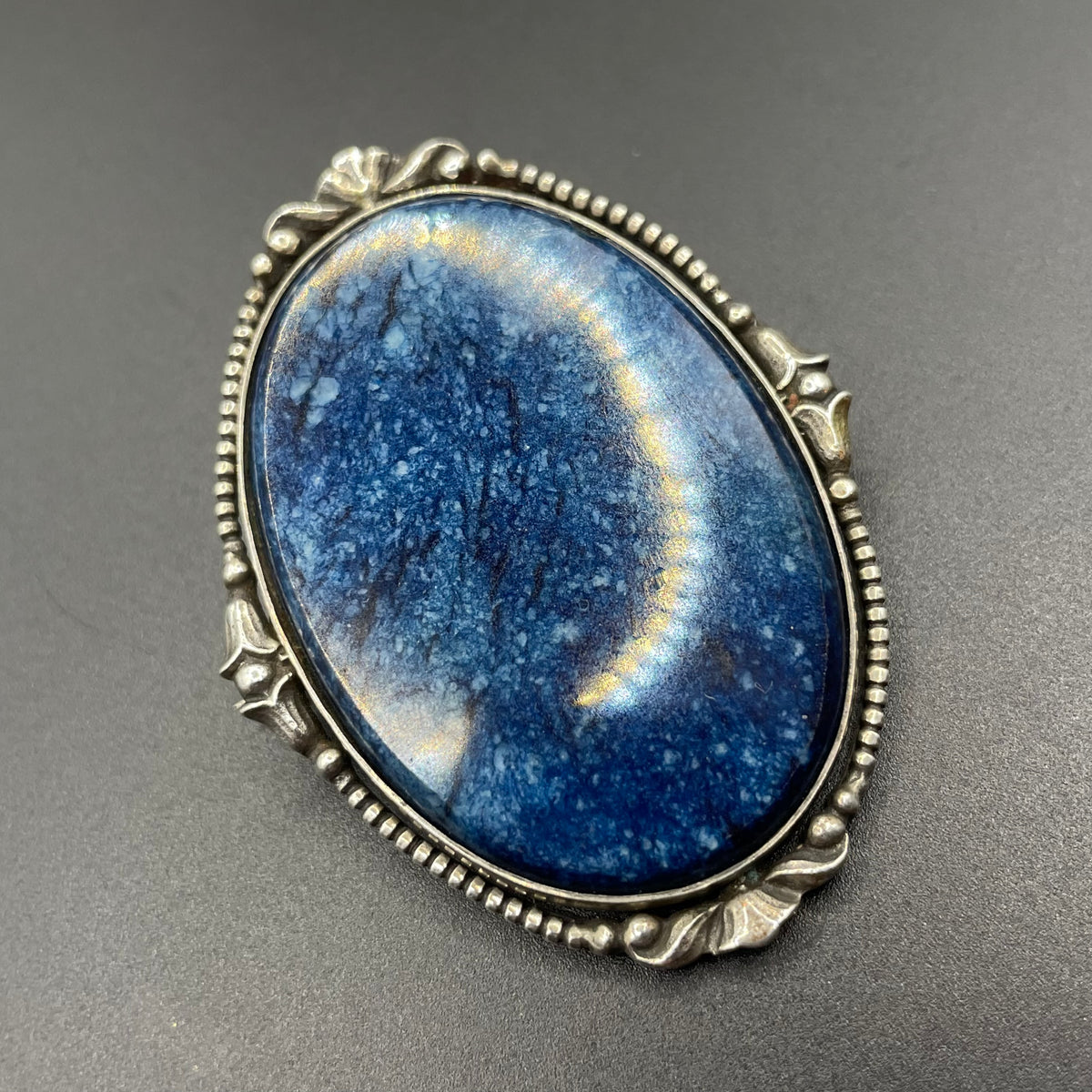 Antique silver (tested) and blue gemstone (sodalite?) brooch, quite large, beautiful colour